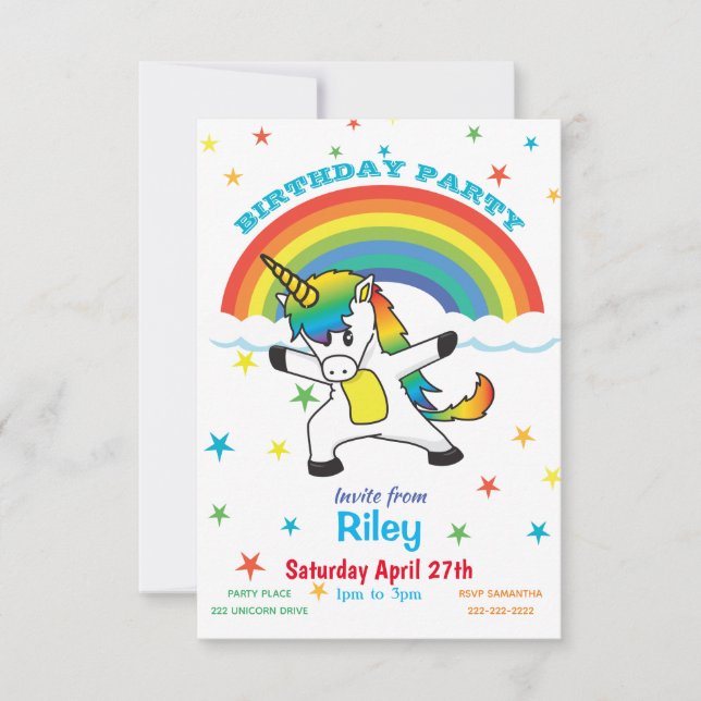 Dancing Magical Unicorn Rainbow & Stars Invite (Front)