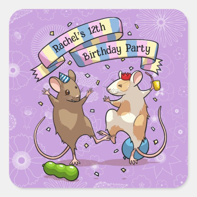 Dancing Mice Add The Name Happy Birthday Party Square Sticker (Front)