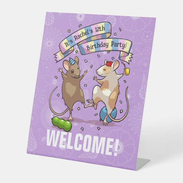 Dancing Mice Name & Age Birthday Party Welcome Pedestal Sign (Front)