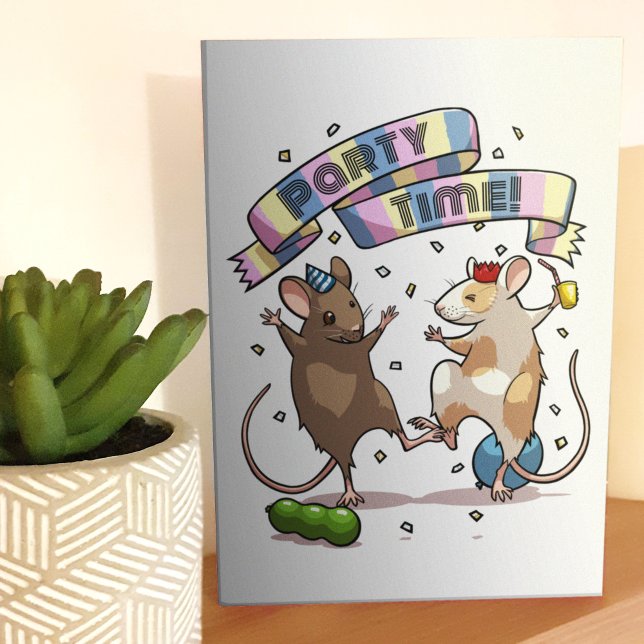 Dancing Mice Party Time Banner Confetti & Balloons Card (Creator Uploaded)
