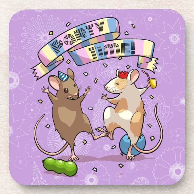 Dancing Mice Party Time Banner Confetti & Balloons Coaster (Front)
