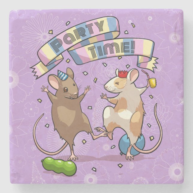 Dancing Mice Party Time Banner Confetti & Balloons Stone Coaster (Front)