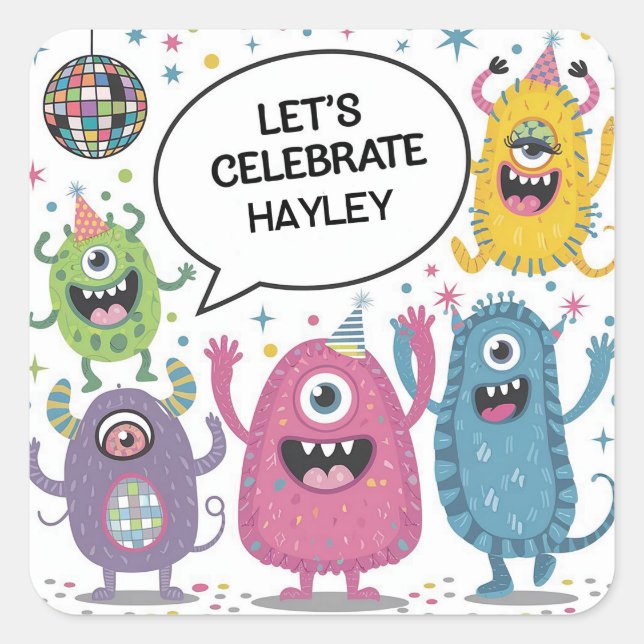 Dancing Monsters Party Kids Birthday Design Square Sticker (Front)