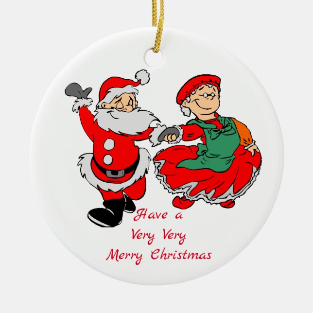 Dancing Mr and Mrs Santa Very Merry Christmas Ceramic Tree Decoration (Front)