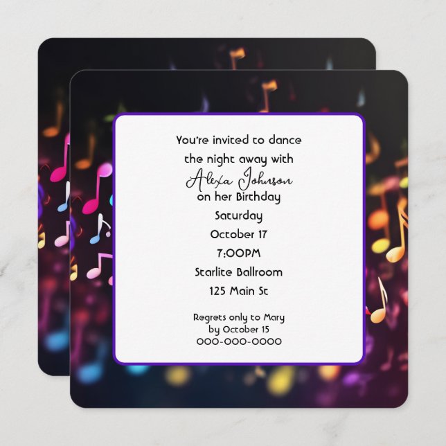 Dancing Music Notes Birthday Party Invitation (Front/Back)