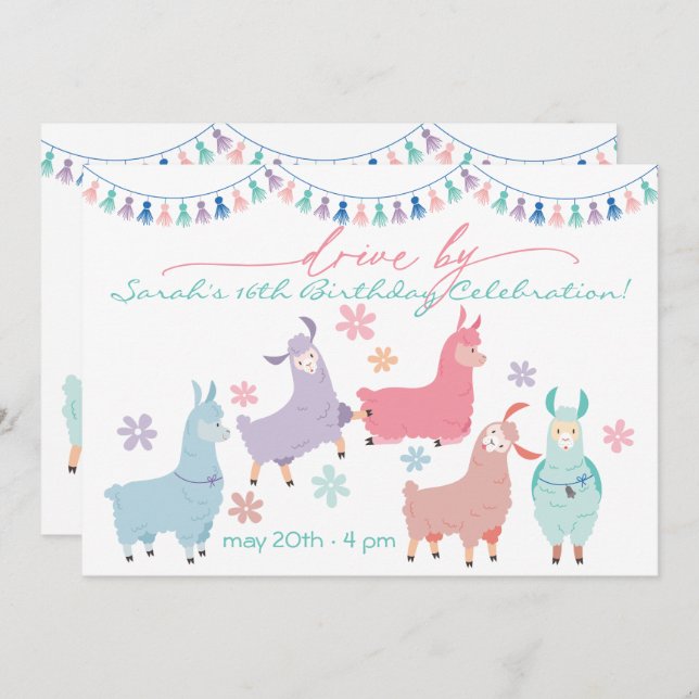 Dancing No Drama Llamas Drive By Birthday Party Invitation (Front/Back)