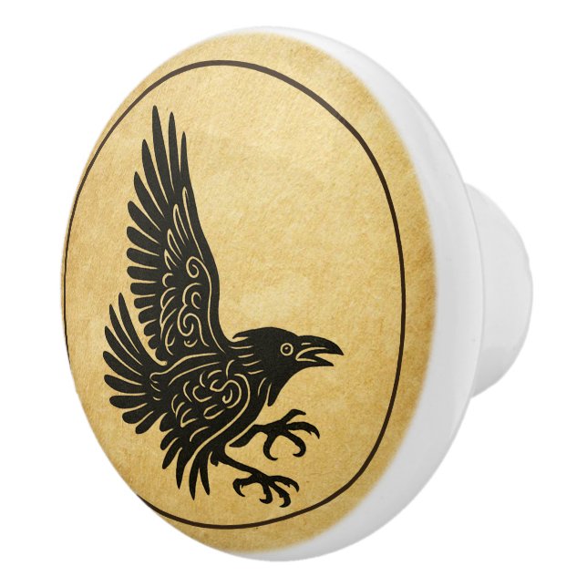 Dancing Norse Raven Ceramic Knob (Right)