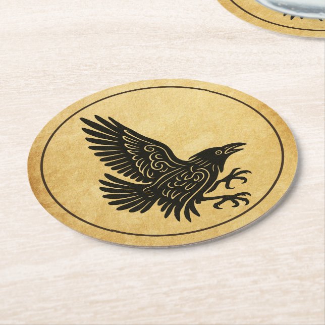Dancing Norse Raven Round Paper Coaster (Angled)