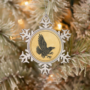 Dancing Norse Raven Snowflake Pewter Christmas Ornament