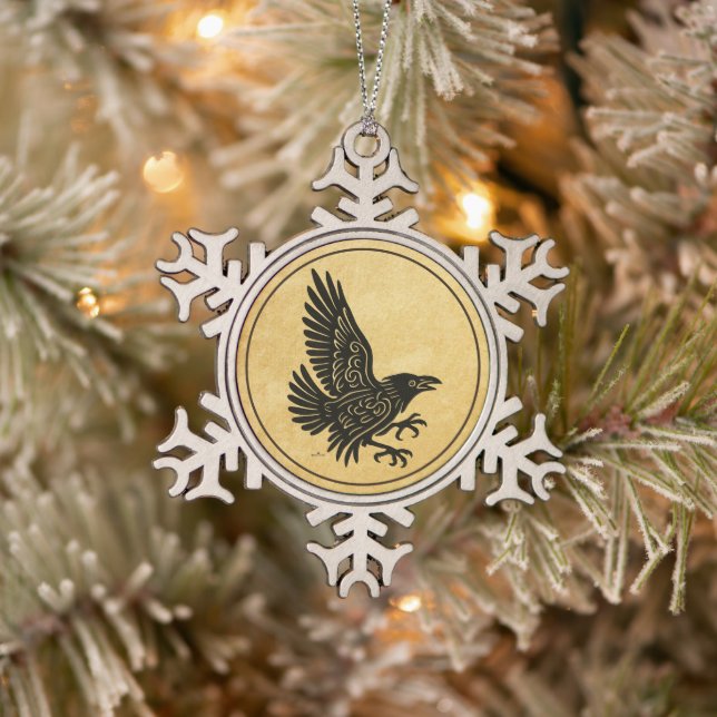 Dancing Norse Raven Snowflake Pewter Christmas Ornament (Tree)