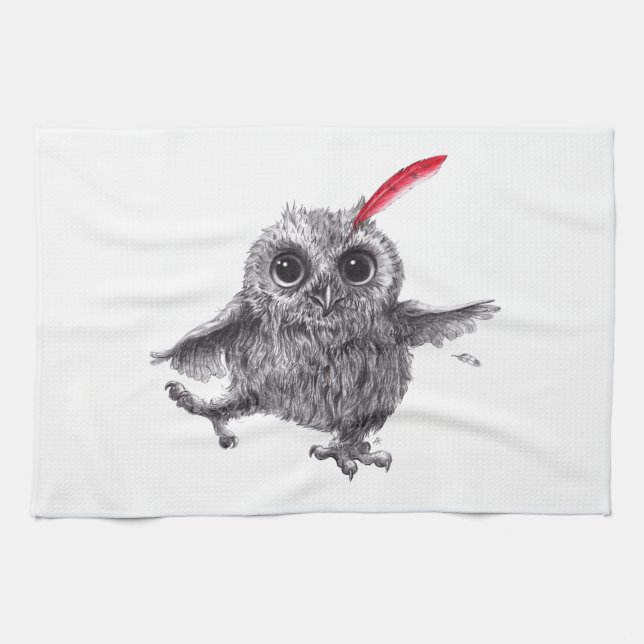 Dancing Owl with Red Feather Tea Towel (Horizontal)