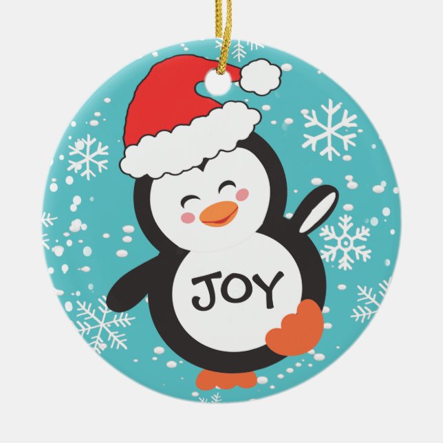 Dancing Penguin Joy Snowflakes Christmas Ceramic Ornament (Front)