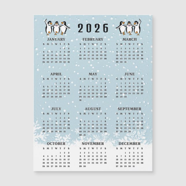 Dancing Penguins 2026 Calendar Magnetic Card (Front)