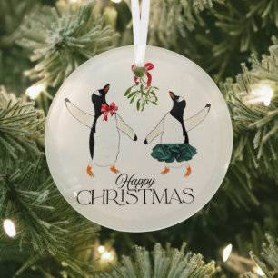 Dancing Penguins Christmas Ball Glass Tree Decoration