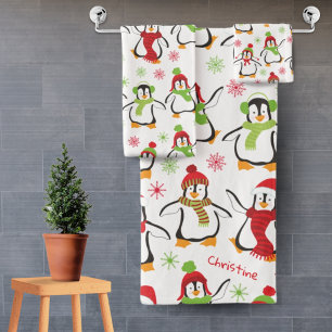 Dancing Penguins Red and Green Pattern Christmas Bath Towel Set