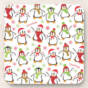 Dancing Penguins Red and Green Pattern Christmas Coaster