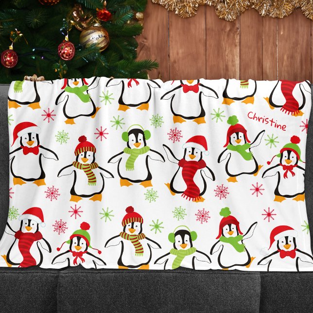 Dancing Penguins Red and Green Pattern Christmas Fleece Blanket (Creator Uploaded)