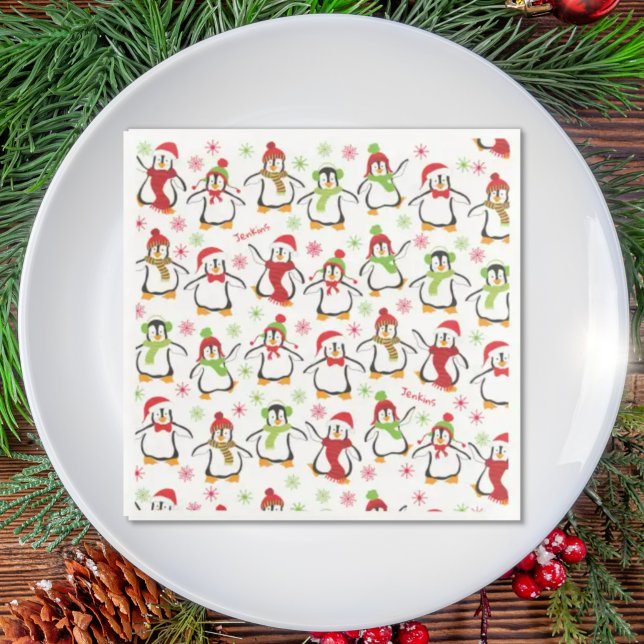 Dancing Penguins Red and Green Pattern Christmas Napkin (Creator Uploaded)