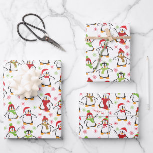Dancing Penguins Red and Green Pattern Christmas Wrapping Paper Sheet