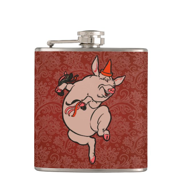 Dancing Pig Antique Cute Dancer Hip Flask (Front)