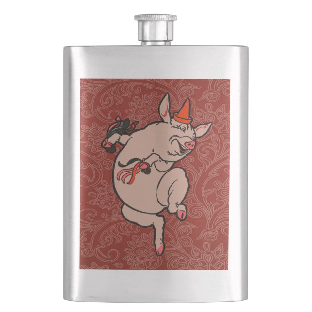 Dancing Pig Antique Cute Dancer Hip Flask (Front)