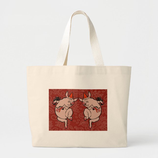 Dancing Pig Antique Cute Dancer Large Tote Bag (Front)