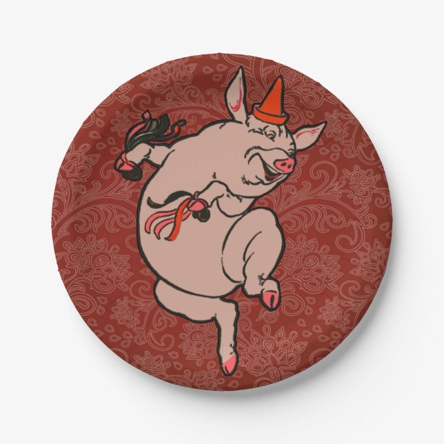 Dancing Pig Antique Cute Dancer Paper Plate (Front)