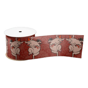Dancing Pig Antique Cute Dancer Satin Ribbon