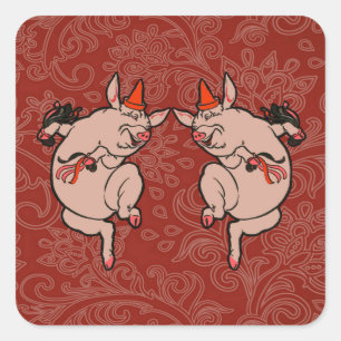 Dancing Pig Antique Cute Dancer Square Sticker
