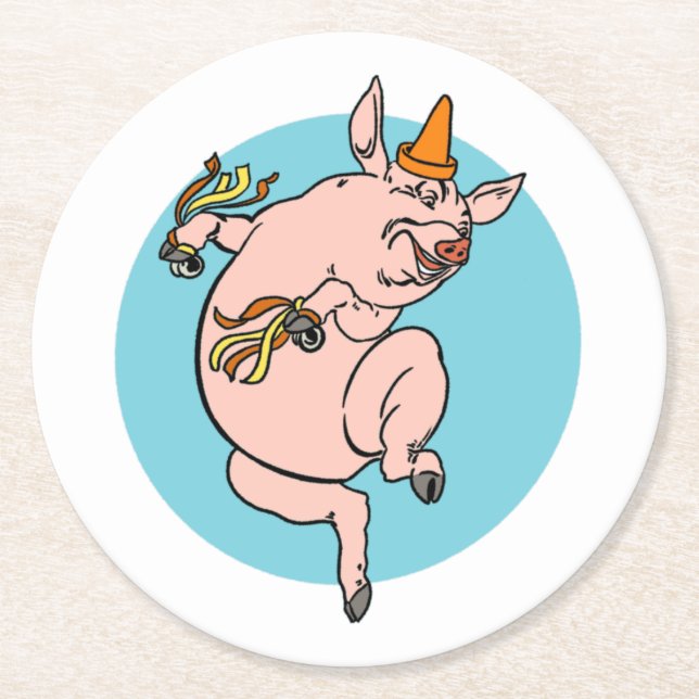 Dancing Pig Round Paper Coaster (Front)