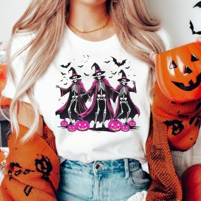 Dancing Pink Skeleton Halloween Witch  T-Shirt (Creator Uploaded)