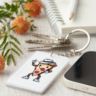 Dancing Pizza Slice - Funny Pixel Art Food Design Key Ring