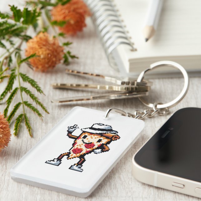 Dancing Pizza Slice - Funny Pixel Art Food Design Key Ring (Front Right)