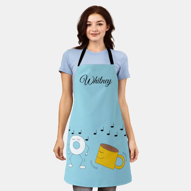Dancing Powdered Doughnut & Coffee Mug:   Apron (Worn)