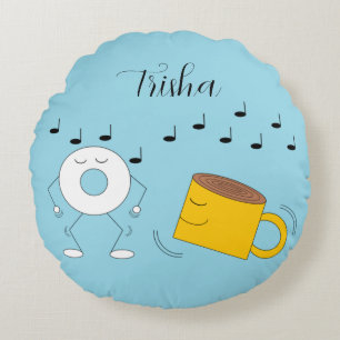 Dancing Powdered Doughnut & Coffee Mug:  Round Cushion