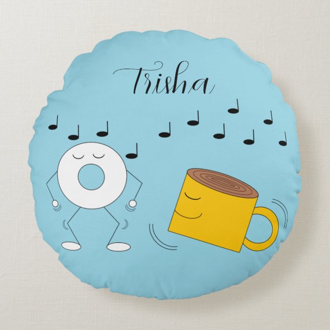Dancing Powdered Doughnut & Coffee Mug:  Round Cushion (Front)