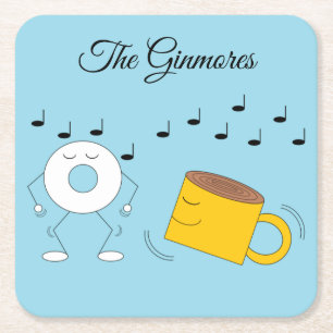 Dancing Powdered Doughnut & Coffee Mug: Square Paper Coaster