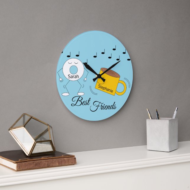 Dancing Powered Doughnut & Coffe Mug : Large Clock (Office)