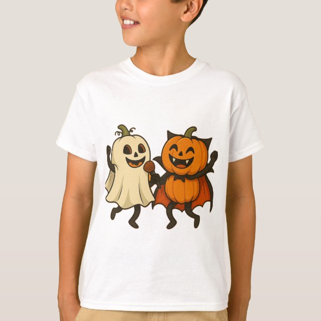 Dancing Pumpkins in Halloween Costumes – Funny Gho T-Shirt (Front)