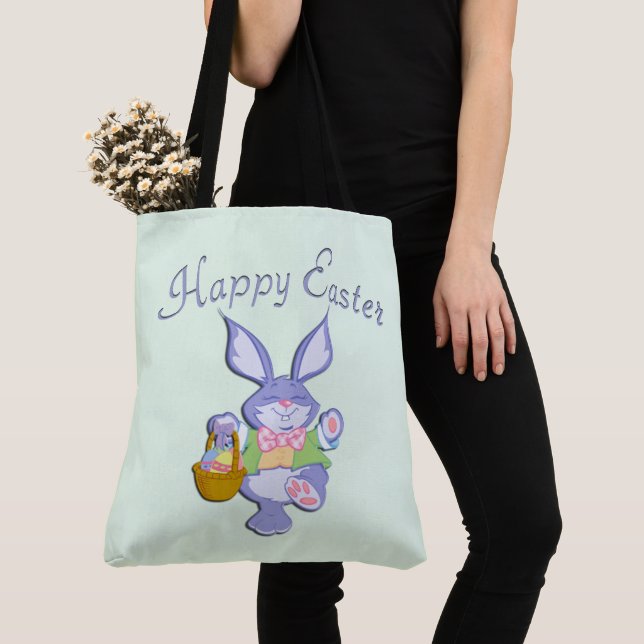 Dancing Purple Easter Bunny Mint Green Tote Bag (Close Up)