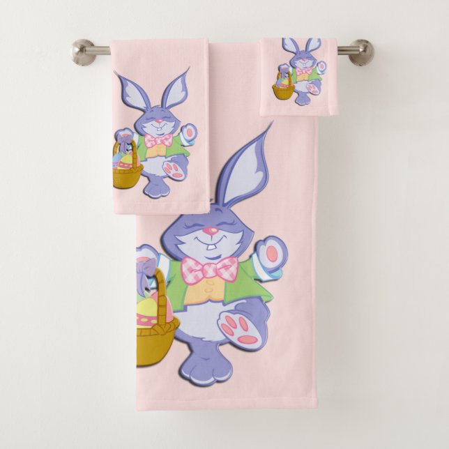 Dancing Purple Easter Bunny Pink Bath Towel Set (Insitu)