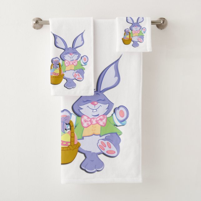 Dancing Purple Easter Bunny White Bath Towel Set (Insitu)