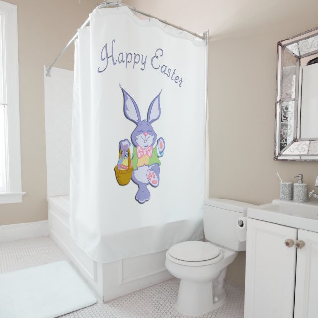 Dancing Purple Easter Bunny White Shower Curtain (In Situ)