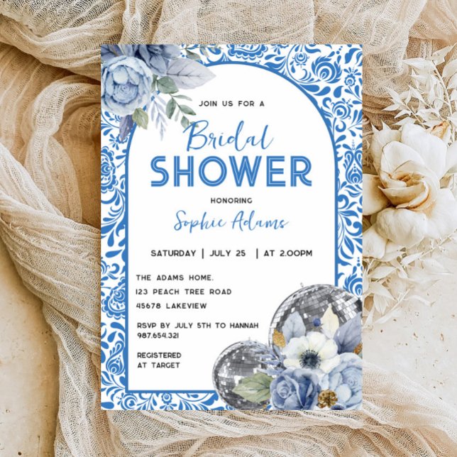 Dancing Queen Disco Ball Blue Tile Bridal Shower Invitation (Creator Uploaded)