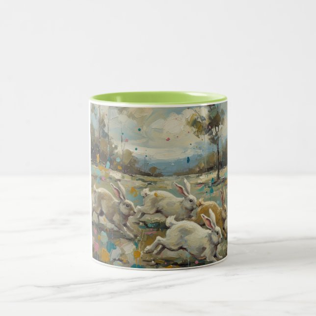 Dancing Rabbits at Dawn Two-Tone Coffee Mug (Center)