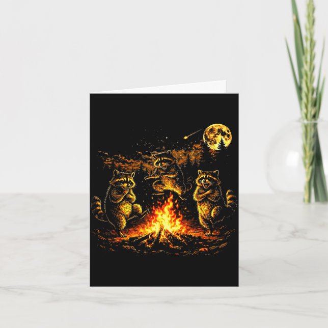 Dancing raccoons campfire forest moon funny card (Front)