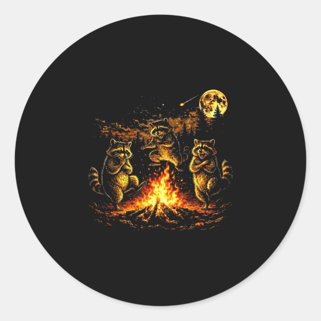 Dancing raccoons campfire forest moon funny classic round sticker (Front)