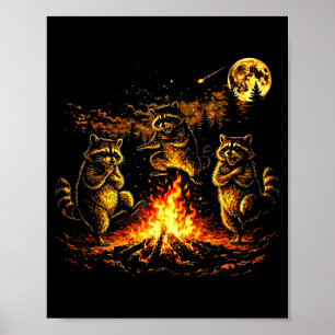 Dancing raccoons campfire forest moon funny poster