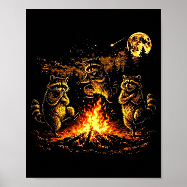 Dancing raccoons campfire forest moon funny poster (Front)