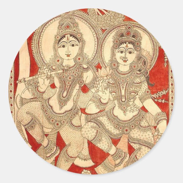 DANCING RADHA KRISHNA KALAMKARI ART OF INDIA CLASSIC ROUND STICKER (Front)